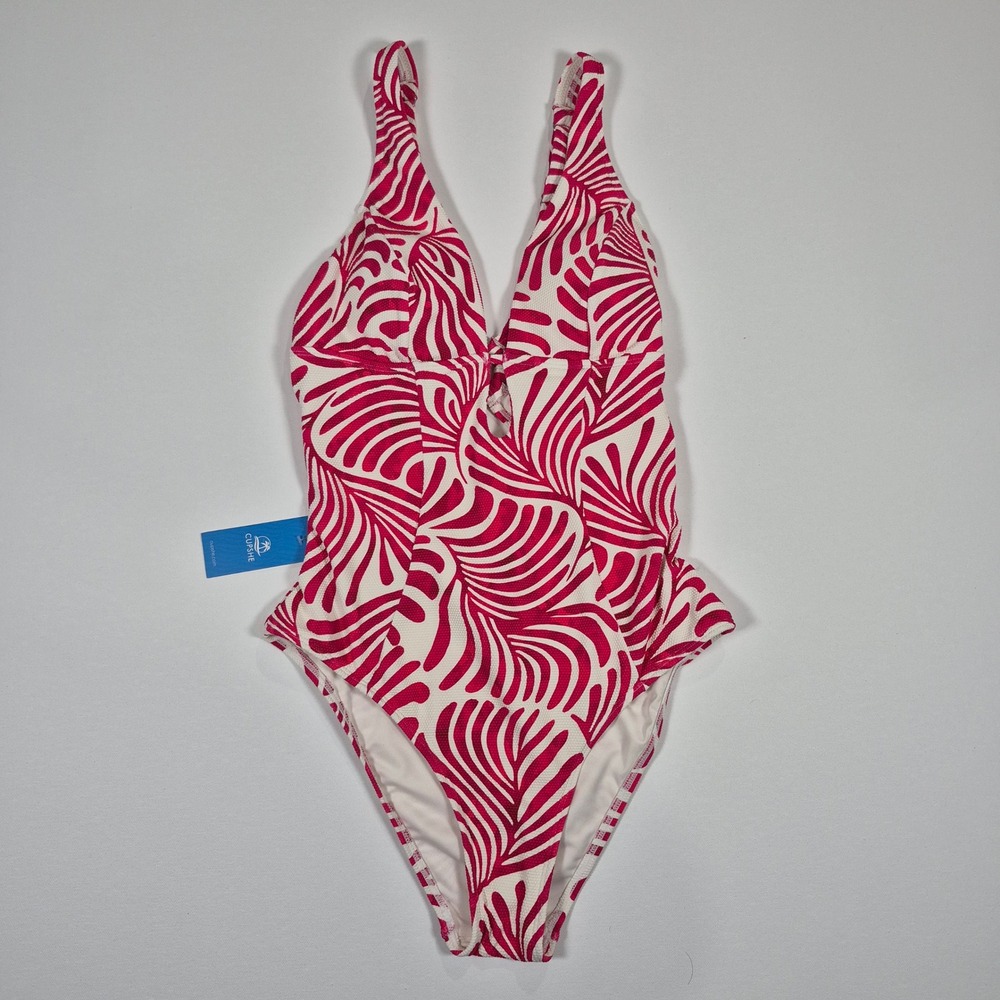 Cupshe Pink White Abstract Palm Print Cutout One Piece Swimsuit NWT Size Medium